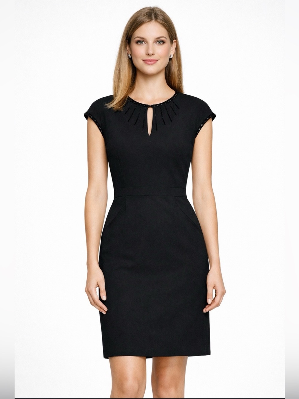 Tory Burch Gia Sheath Dress Beaded Keyhole Above the Knee Black Size 6 Worn 1X